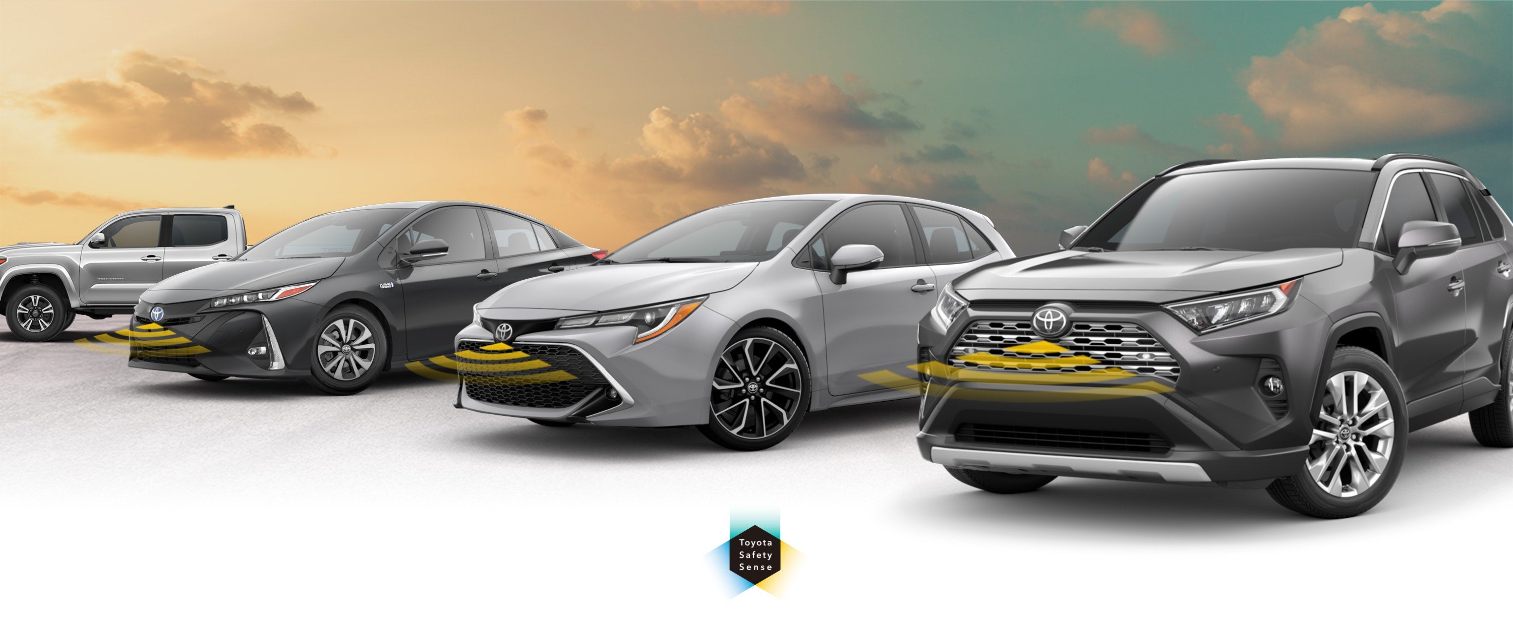 Toyota Safety Sense: Designed for Safety. Options shown on Toyota models including RAV4, Tacoma, and Camry, available now at Ed Morse Delray Toyota in Delray Beach FL.